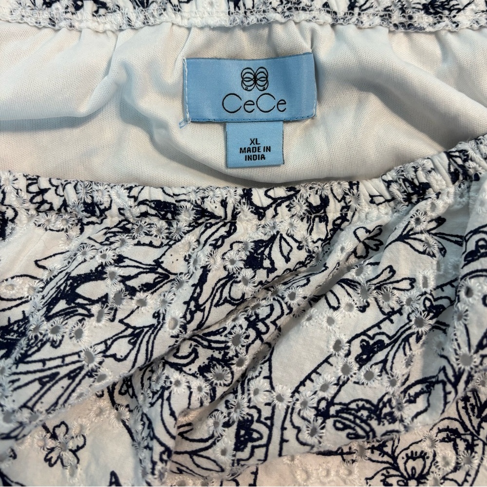 CeCe Navy and White Embroidered Blouse